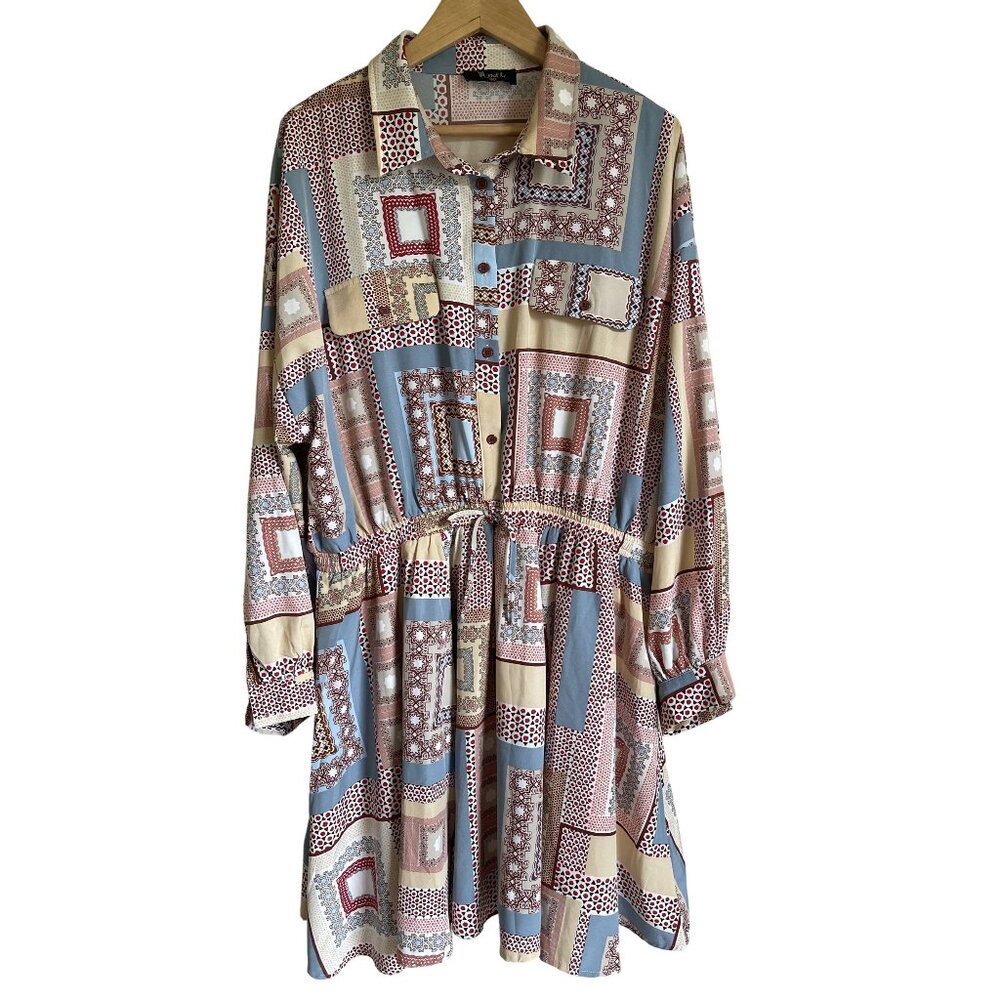 MERITT 3X Long Sleeve Mixed Print Shirt Dress Multicolor Boho Bohemian